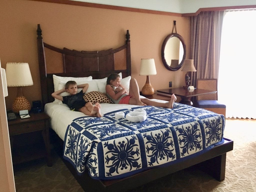 Very comfortable king size bed in our room at Aulani Resort