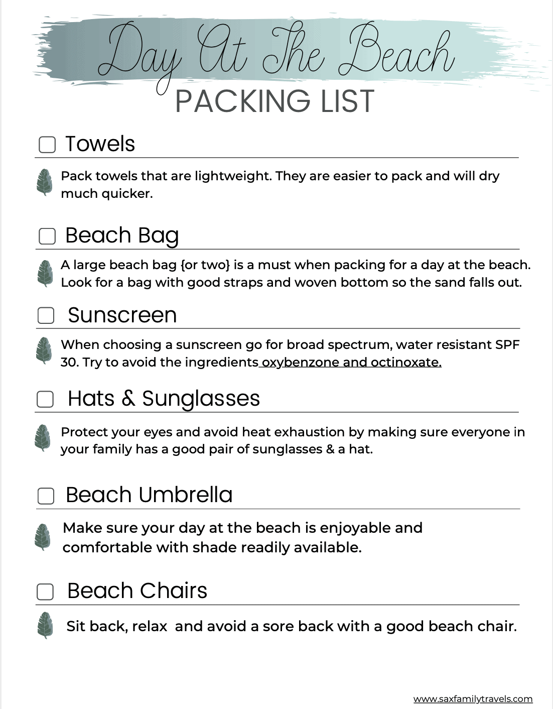 Page 1 of Day at The beach packing List