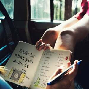 a woman sitting with her feet up in a car while writing in her travel journal.