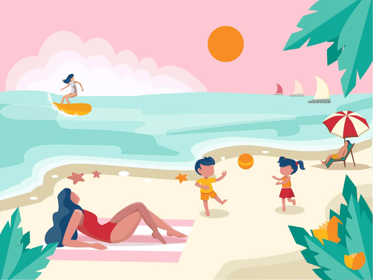 An illustration of a scene of a family playing and relaxing on the beach