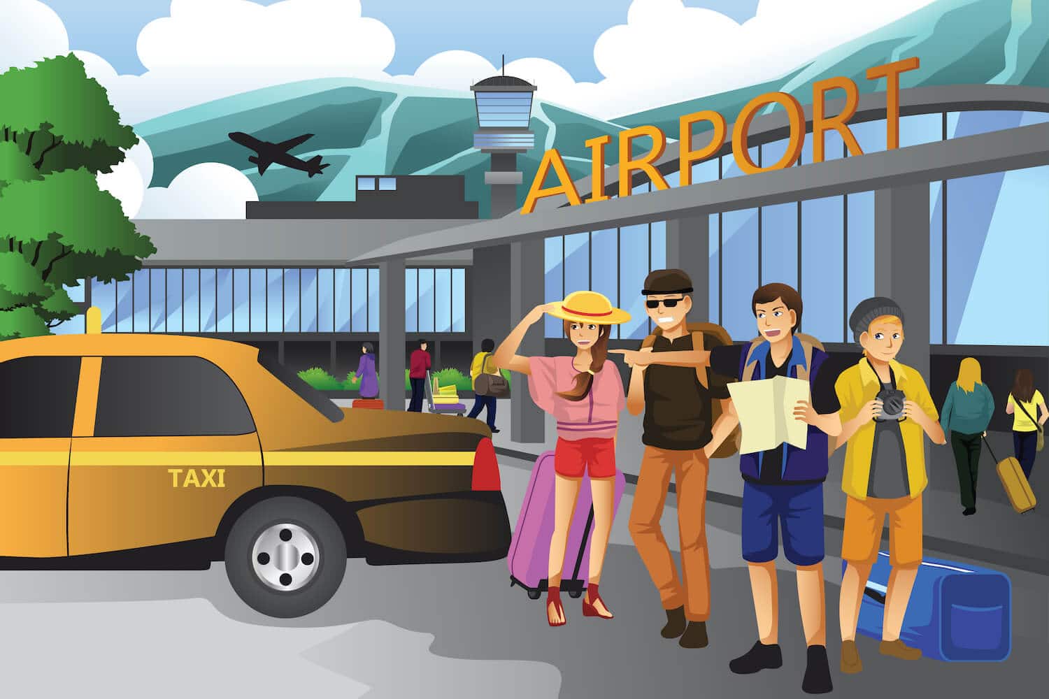 an illustration of of family on vacation standing outside of an airport.